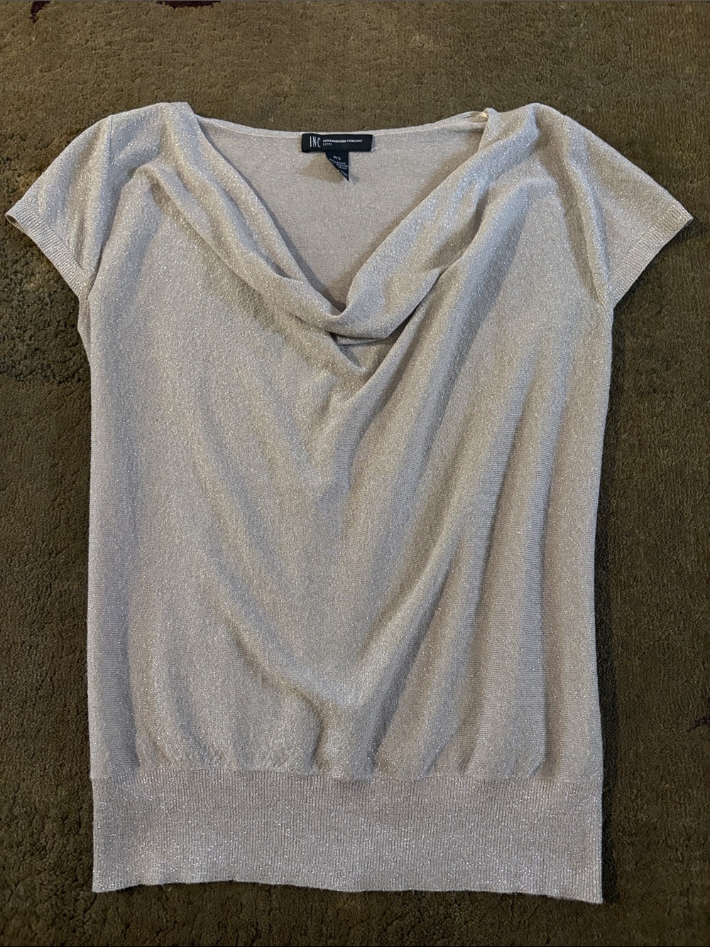 INC International Concepts Silver Shimmer Cowl Neck Short Sleeve Sweater
